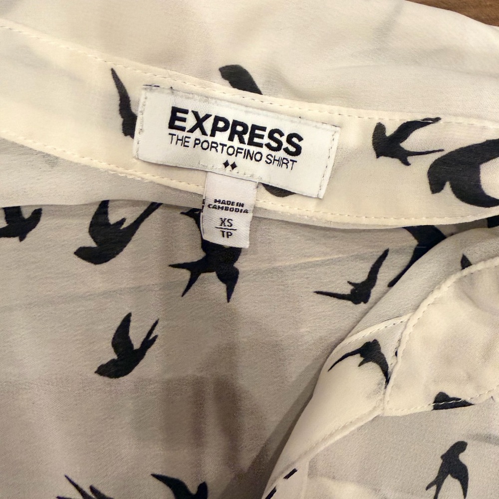 Express Sheer White Portofino Blouse with Black Bird Pattern - Picture 3 of 3